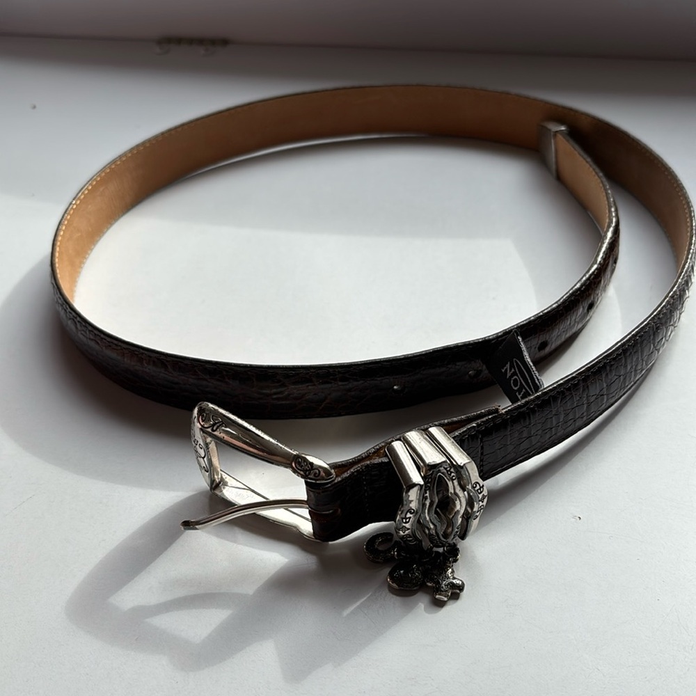 Brighton Belt Brown Leather Mediumโ 3 Dangle Charms Heart Horseshoe Cross B10078